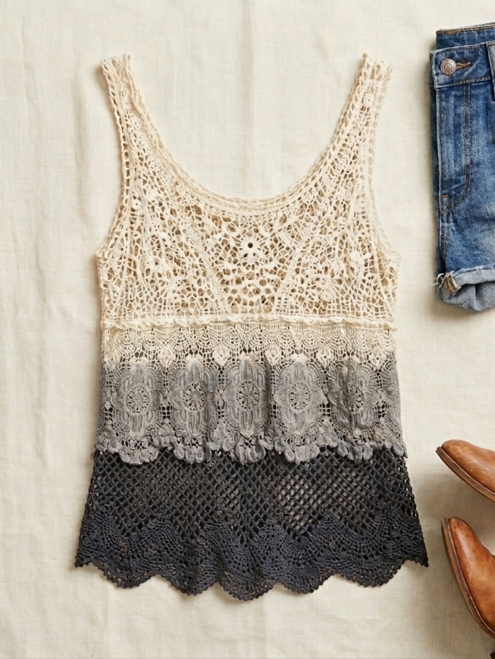 American Eagle Outfitters Cream and Gray Crochet Tank Top Size XS